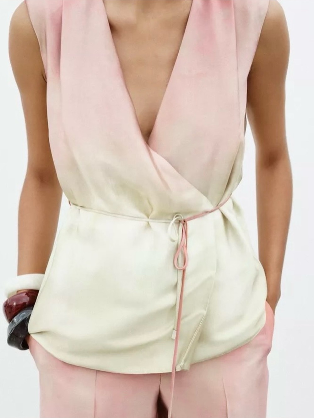 Zara New Pink to Green Ombre Satin Wrap Tank NWOT